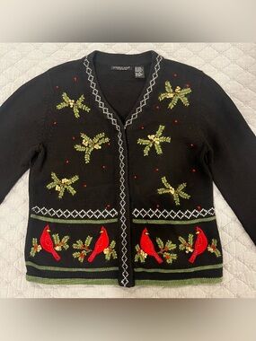 Vintage Black Embroidered Cardinal Holiday Sweater Cardigan Size M